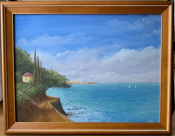《手描きの油絵作品》海の見える景色 1枚目の画像