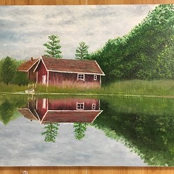 《手描きの油絵作品》湖畔の一軒家 1枚目の画像