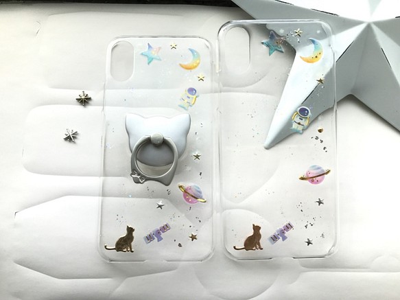 《全機種対応》宇宙/猫/星 選べる スマホリング iPhoneケース/スマホケース/クリアハードケース 1枚目の画像