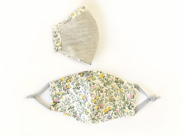 リネンとダブルガーゼのポケット仕様立体マスク_ リバティ ”Mina"イエロー系 1枚目の画像