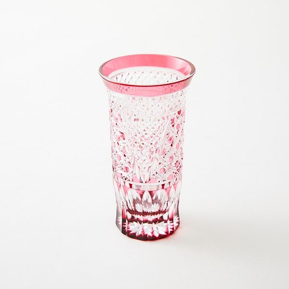 送料無料　無料包装　江戸切子の店　　金赤（ピンク）被せクリスタルビールグラス 1枚目の画像