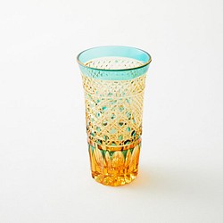 送料無料　無料包装　江戸切子の店　　琥珀色緑被せクリスタルビールグラス 1枚目の画像
