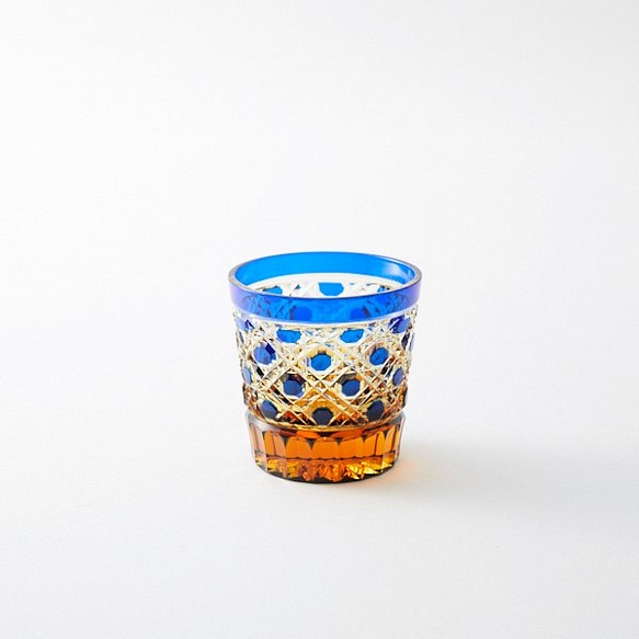 送料無料　無料包装　江戸切子の店　琥珀色瑠璃被せクリスタルミニロックグラス 1枚目の画像