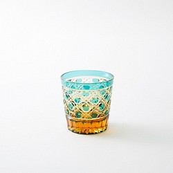 送料無料　無料包装　結婚祝　記念品　海外土産　江戸切子の店　　琥珀色緑被せクリスタルミニロックグラス 1枚目の画像