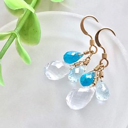 K14GF Silky quartz and blue gemstone earrings 第1張的照片