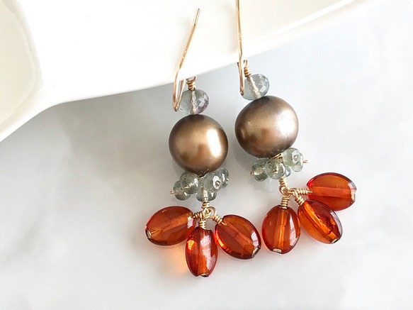 K14GF Brown pearl and amber earrings 第1張的照片