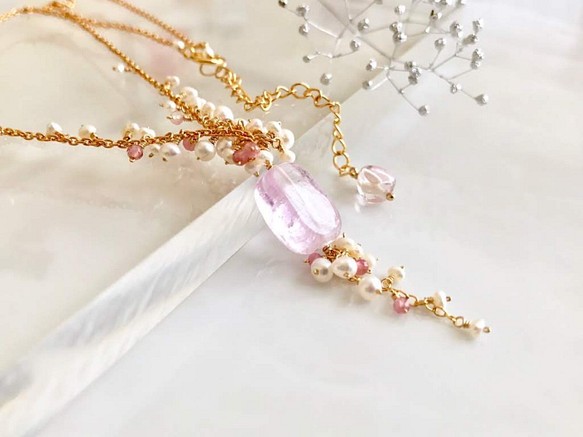 K14GF Kunzite and freshwater pearl necklace 第1張的照片