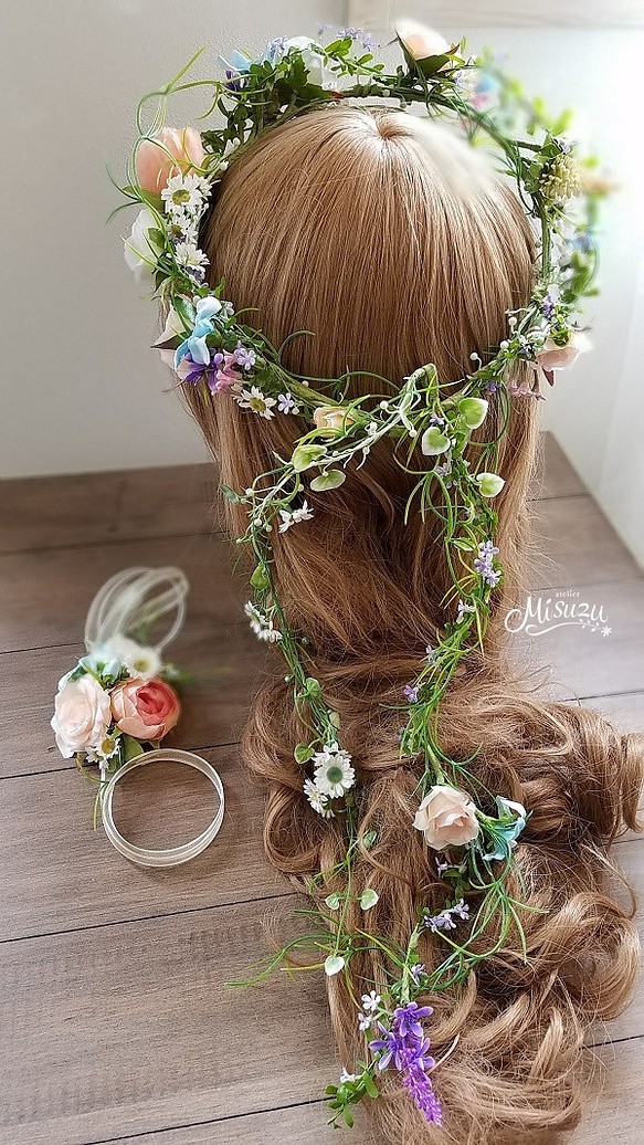 *misuzu*natural　ナチュラル草花系ウェディング　ガーランド2Ｐ　リスト付　花冠　ヘッドドレス　ブライダル 1枚目の画像