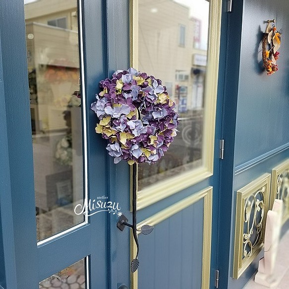 *misuzu* リース　秋色紫陽花アンティークカラー　玄関　ギフト　シックに！　メッセージ承ります 1枚目の画像