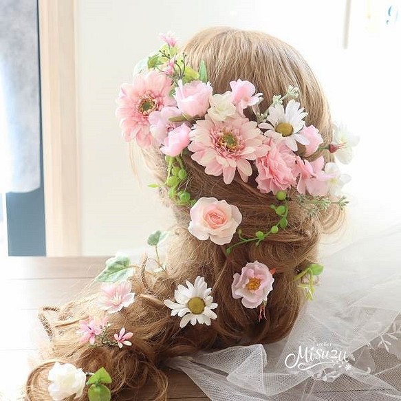 *misuzu*ガーベラ　ピンクグラデ　ナチュラルフラワー　小花系　　ガーデンパーティ　結婚式　ヘッドドレス　 1枚目の画像
