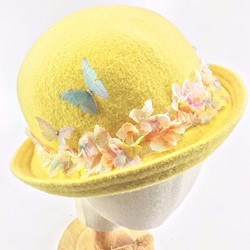 Dimoya [春漾花海] 鵝黃色蝴蝶花海羊毛小禮帽 第1張的照片