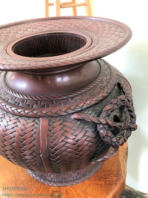 籠編み模様の花瓶　高岡銅器　米田美昭作　わけあり特価 1枚目の画像