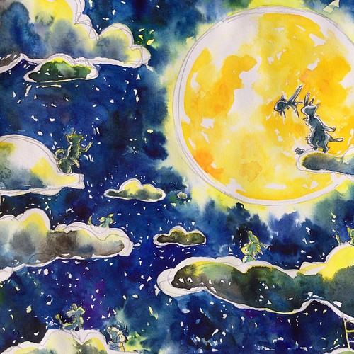 オリジナルイラスト 夜空 月 宇宙 水彩画 ポーチ ポーチ むらかみしの 通販 Creema クリーマ ハンドメイド 手作り クラフト作品の販売サイト