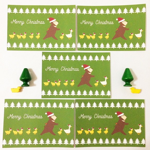 クリスマスカード アヒル達とクマの行進 5枚セット 鳥 動物 冬 クリスマスツリー ポストカード 1枚目の画像