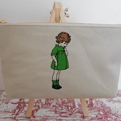 刺繍の帆布のペンケース可愛いフランスの女の子グリーン 1枚目の画像