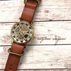 【刻印可能】夏のレザーウォッチ　ゴールド× ライトブラウン 腕時計 メンズ レディース シンプル ギフト 1枚目の画像