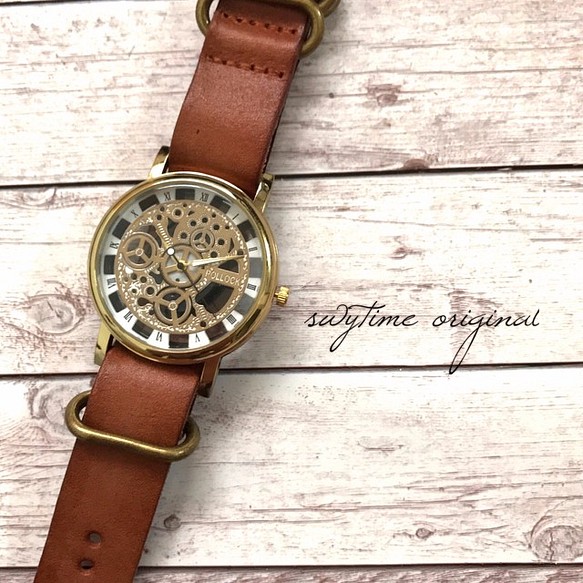 【刻印可能】夏のレザーウォッチ　ゴールド× ライトブラウン 腕時計 メンズ レディース シンプル ギフト 1枚目の画像