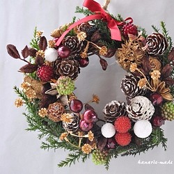 mini-wreath　16cm：グリーンコニファーと木の実 1枚目の画像