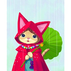 RAIN CAT／猫のアートポスター　A4サイズ 1枚目の画像