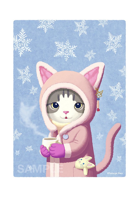 SNOW CAT 1 ~ hot drink／猫のアートポスター　A4サイズ 1枚目の画像