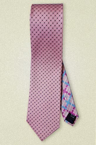 水玉とチェック柄のネクタイ　ピンク 1枚目の画像