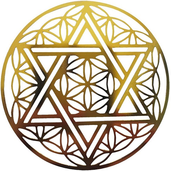 フラワーオブライフx六芒星(ダビデの星) ヘキサグラム ヒーリング プレート カード 浄化 金属製 古代神聖幾何学 1枚目の画像