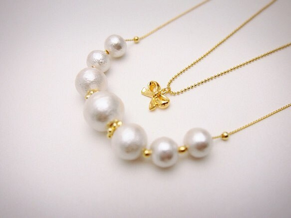 送料無料＊Ribbon & White cotton pearl necklace ネックレス