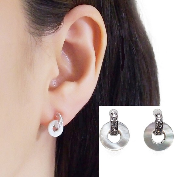 珍珠母無孔耳環 無痛白珍珠貝殼圈形耳環 流行銀樹脂耳環 Miyabi Grace 第1張的照片