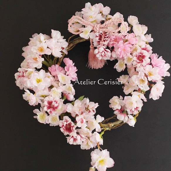 八重桜の枝リース＜アーティフィシャルフラワー＞桜・さくら・サクラ ２９センチ #２ 1枚目の画像