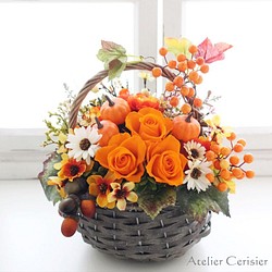 ✩【特割】秋の実り バスケットアレンジ 秋色 オレンジ色＜プリザーブドフラワー＞かぼちゃ【ハロウィン】 1枚目の画像