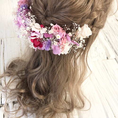 オール本物花 超ボリューム 髪飾り ヘッドドレス パープル×ピンク ヘア 
