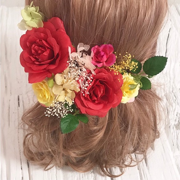 花冠アレンジ　イエロー系　かすみ草　薔薇　髪飾り　ヘッドドレス