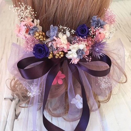ブーケの様な髪飾り ヘッドドレス BIGリボン パープル - rehda.com