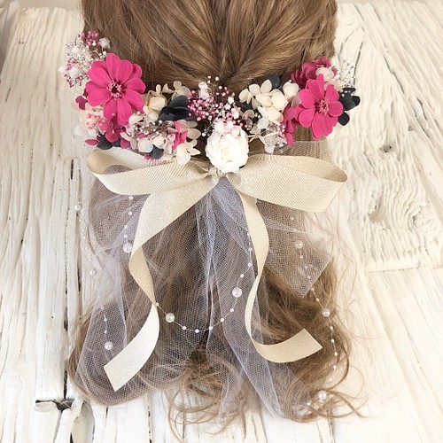 ブーケの様な髪飾り サーモンピンクヘッドドレス ヘアアクセサリー 