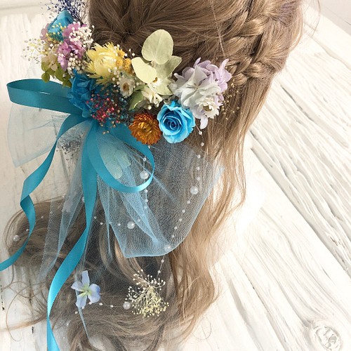 ブーケの様な髪飾り ヘッドドレス 水色 natif.com.co