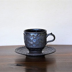 窯変虹彩黒　コーヒーカップ＆ソーサー 1枚目の画像