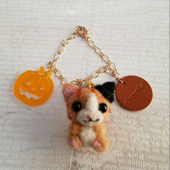 限定♪ハロウィン羊毛フェルトオーダー猫ちゃんネーム入りキーホルダー