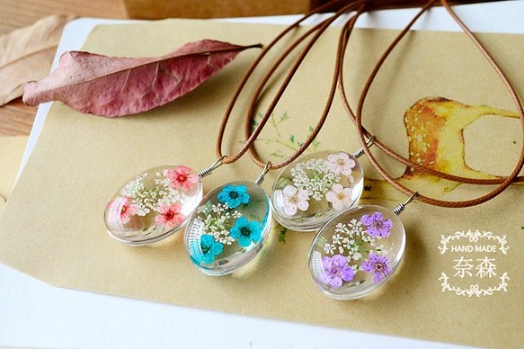 《時の宝石》日本乾燥花項鍊x橢圓形櫻花+水仙 時光寶石 婚禮小物 乾花 第1張的照片