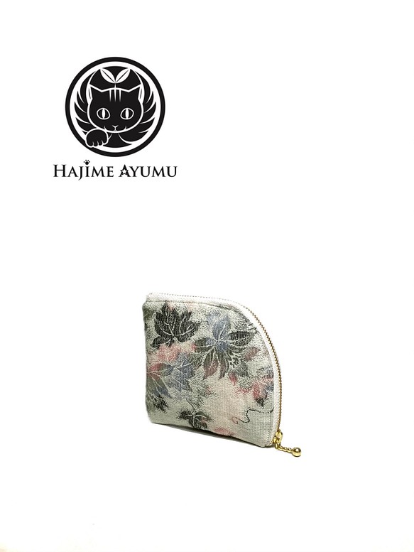 【現品1点限り‼︎】HAJIME AYUMU 高級和柄着物リメイクデザインL字財布 花柄 ホワイト 1枚目の画像