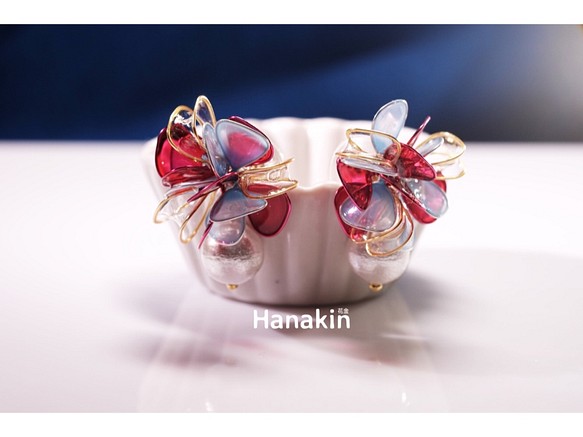 Hanakin花金 小品 紅x藍 手作飾品耳環（一對） 第1張的照片