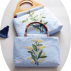 手縫い刺繍バッグ、綿麻バッグ 1枚目の画像