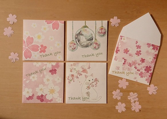 封筒型メッセージカード＊桜＊カードと桜のフレークシールのセット 1枚目の画像