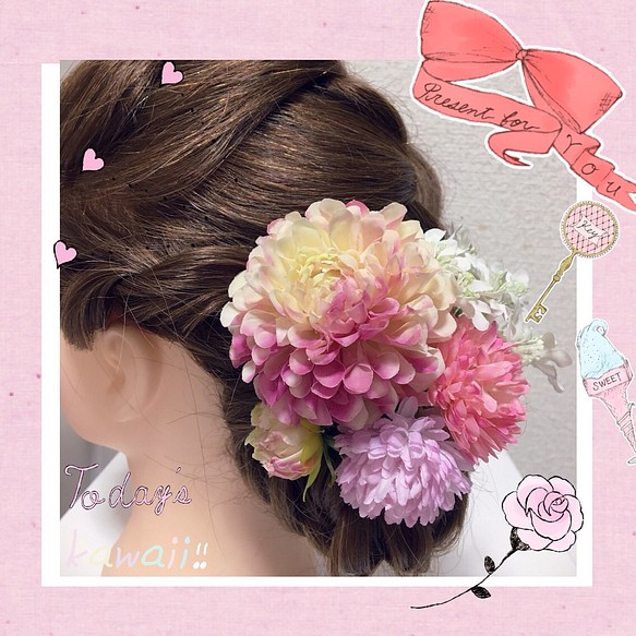 ダリア・ピンポンマム・レースフラワーの髪飾り/ピンク/白 1枚目の画像