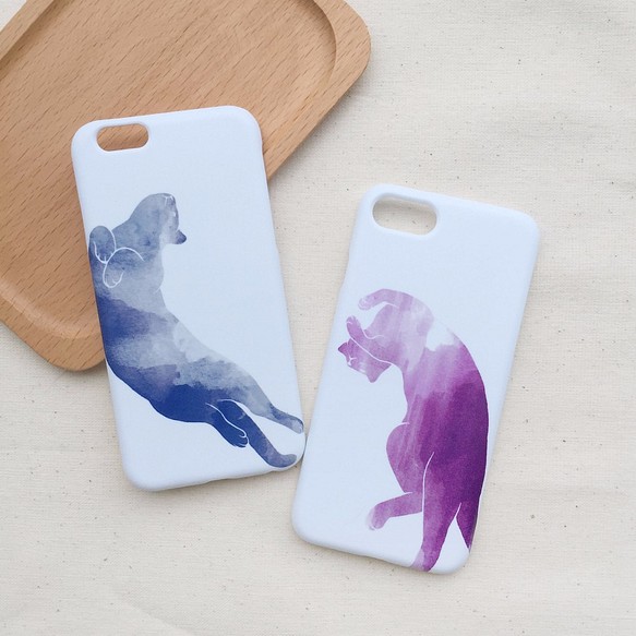水彩猫青/紫 -  iphoneの携帯電話のシェルハードシェル 1枚目の画像