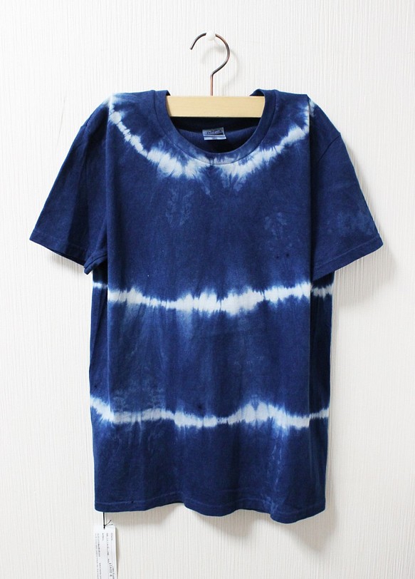 藍染め半袖　綿Tシャツ ユニセックス　L（AHT-12） 1枚目の画像
