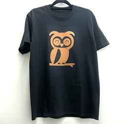 銅色仿皮Animal 013貓頭鷹圖案黑色T恤 第1張的照片