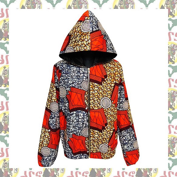 (M) アフリカンプリント生地を使った　フルジップ　フード付きジャケット （男女兼用） アフリカ布　アフリカ生地 1枚目の画像