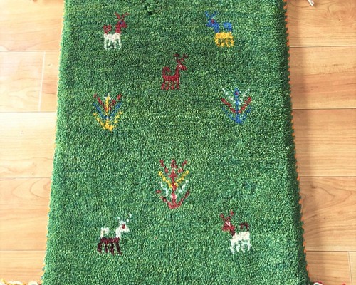 超値下げ】ペルシャ絨毯　ギャッベ　玄関マット小　40x56　緑　ほっこり
