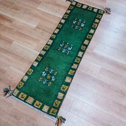 ペルシャ絨毯　ギャッベ　ミニランナー　116×40　緑　タイル