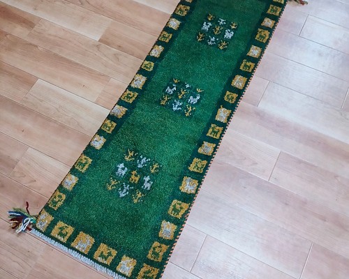 ペルシャ絨毯 ギャッベ ミニランナー 116×40 緑 タイル カーペット 